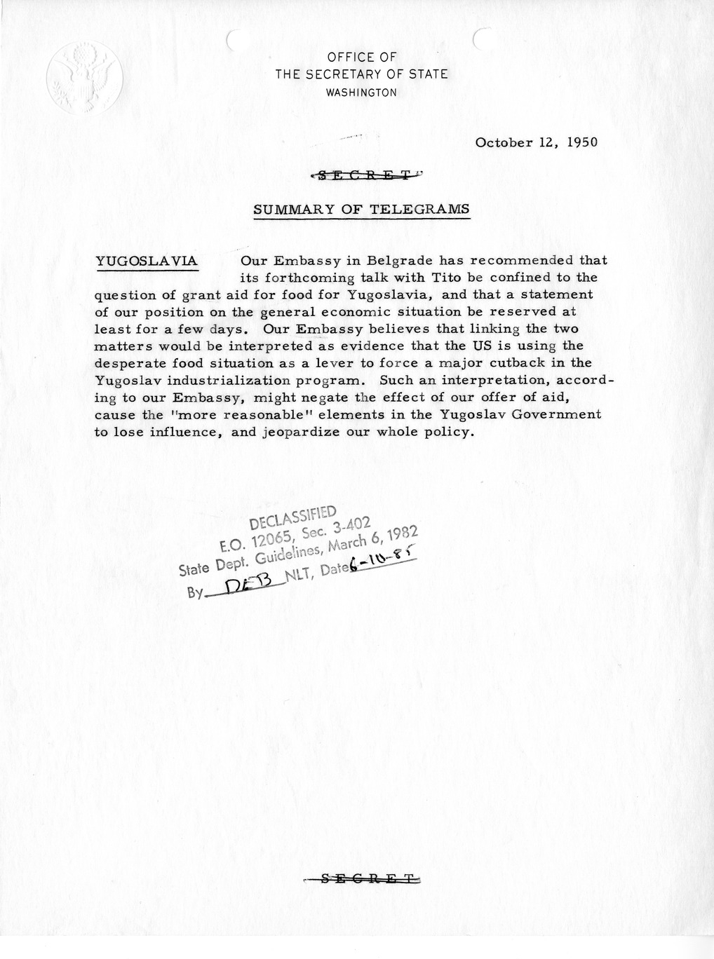 Memorandum, Department of State Summary of Telegrams