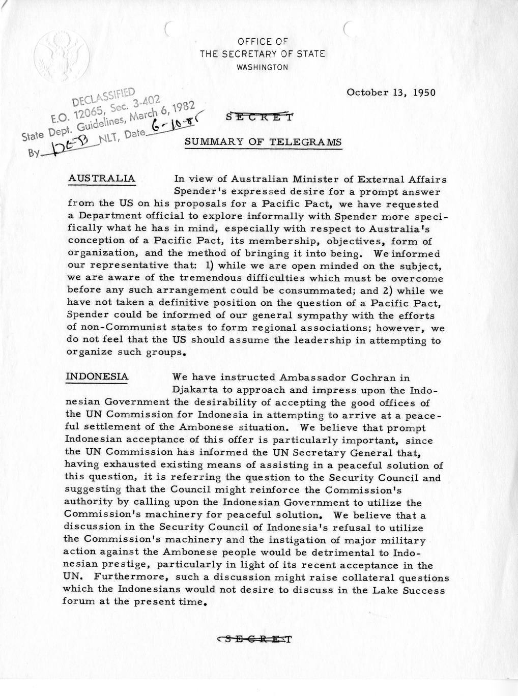 Memorandum, State Department Summary of Telegrams