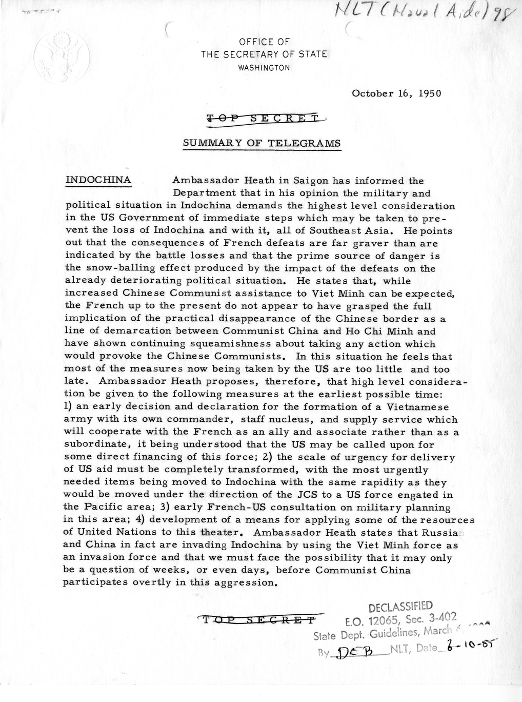 Memorandum, State Department Summary of Telegrams