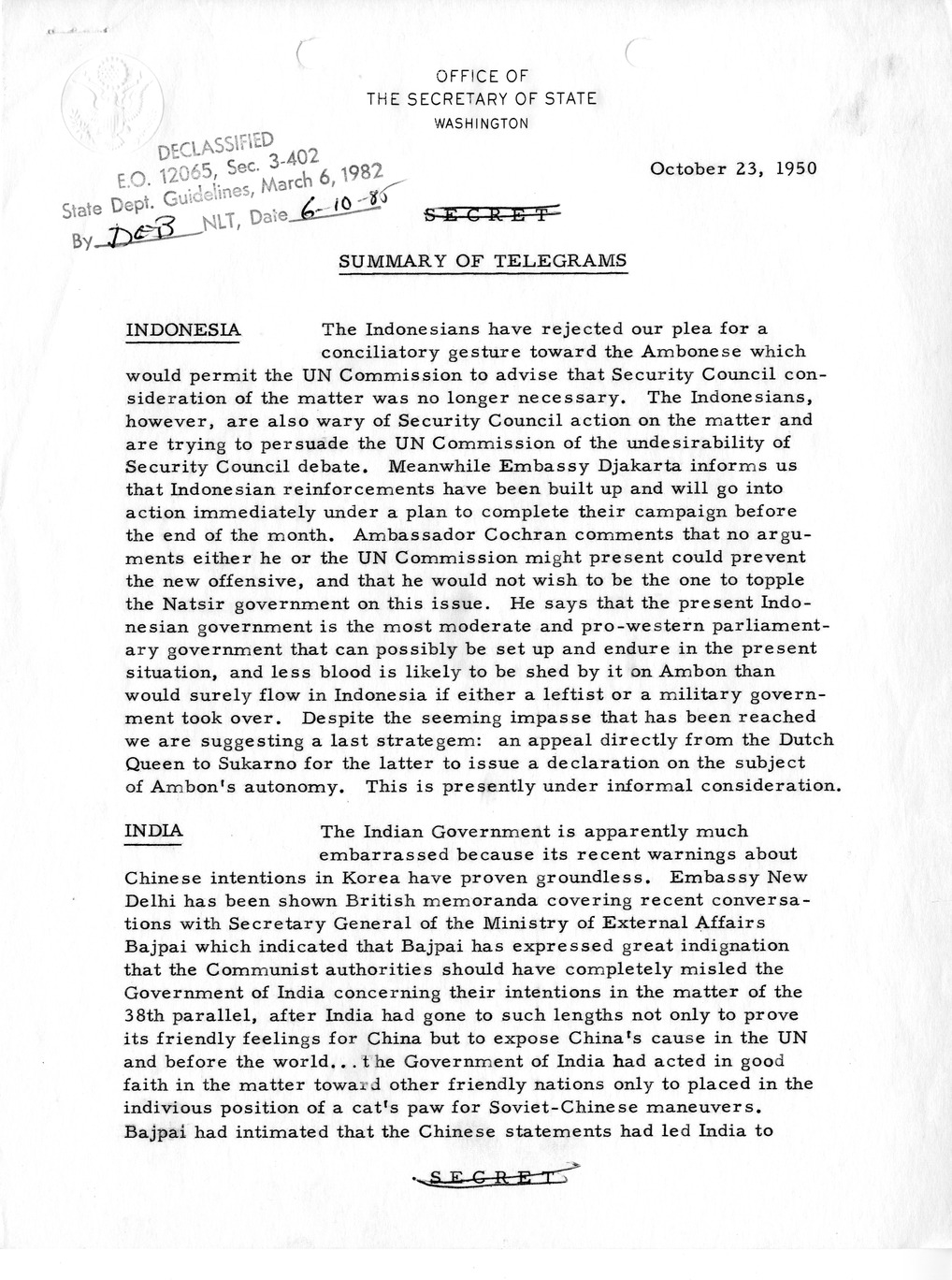 Memorandum, Department of State Summary of Telegrams