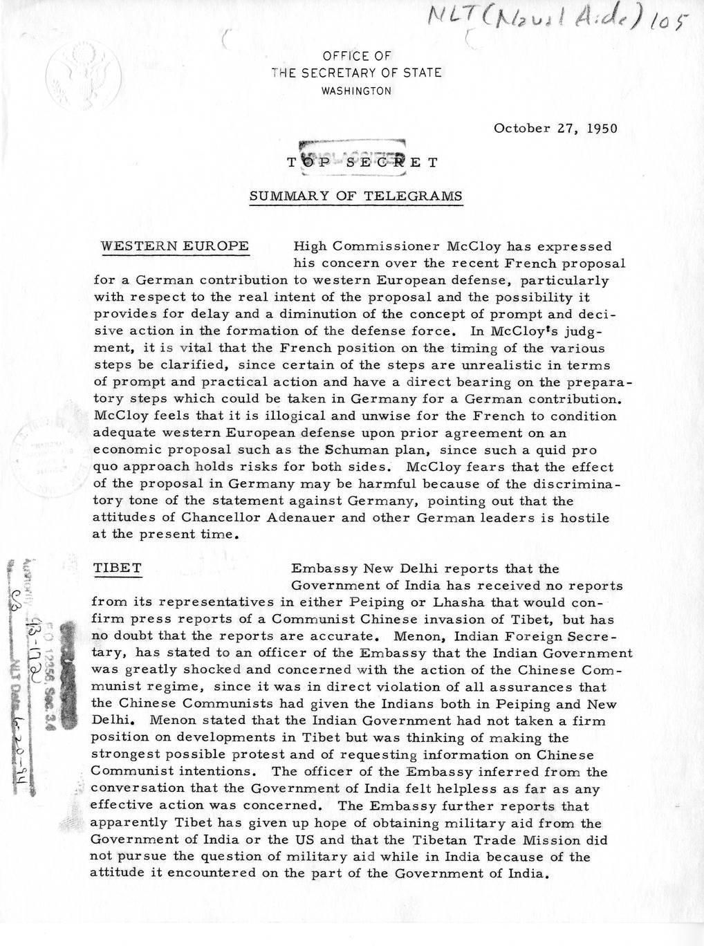 Memorandum, Department of State Summary of Telegrams