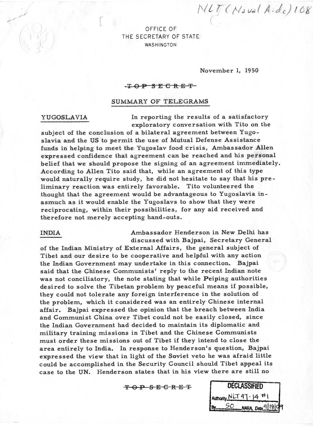 Memorandum, State Department Summary of Telegrams