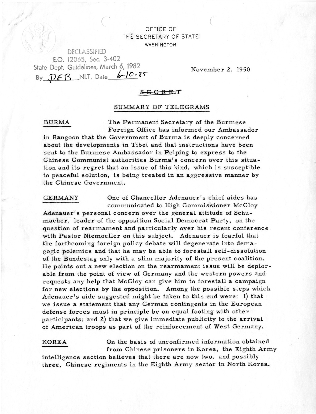 Memorandum, Department of State Summary of Telegrams