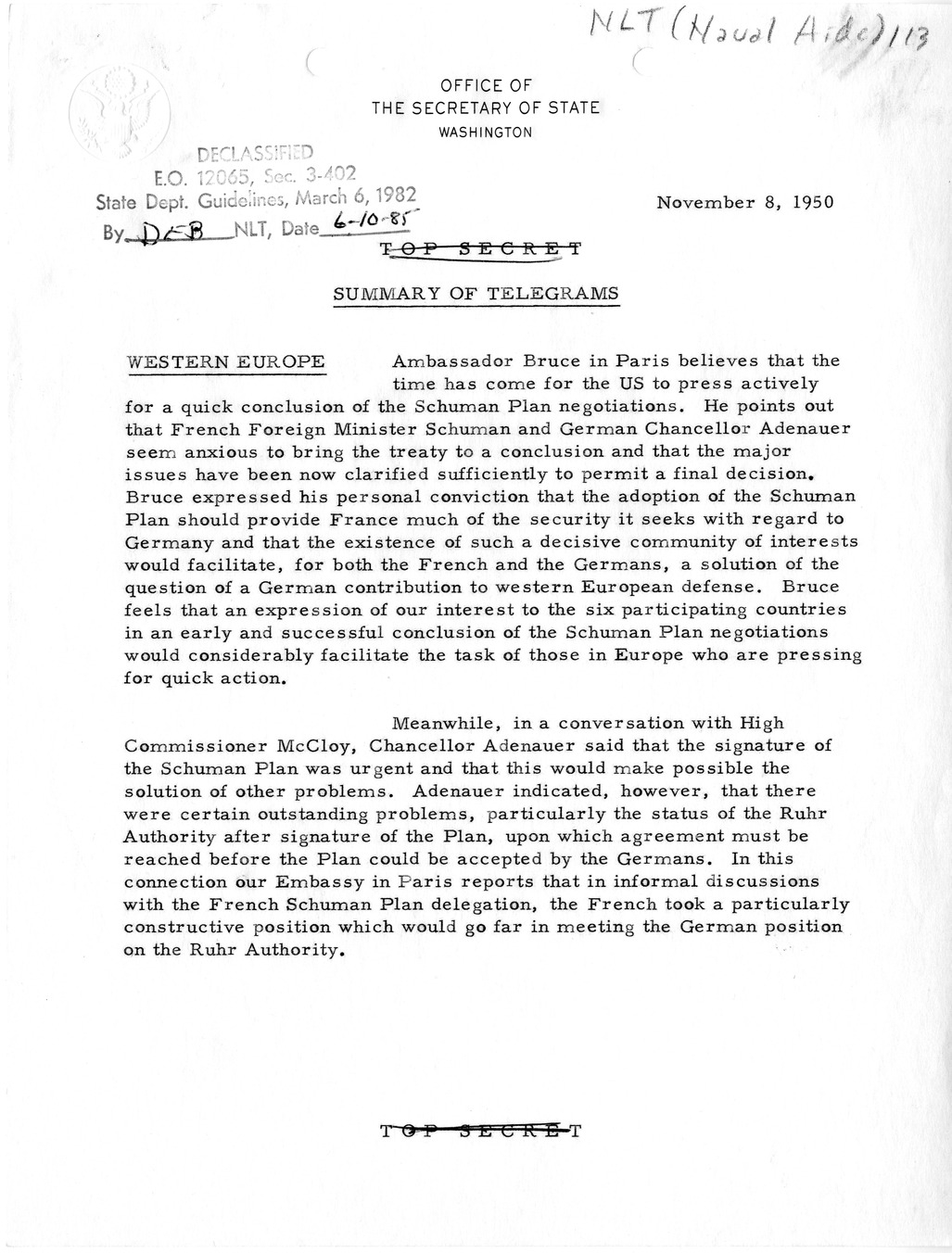 Memorandum, Department of State Summary of Telegrams