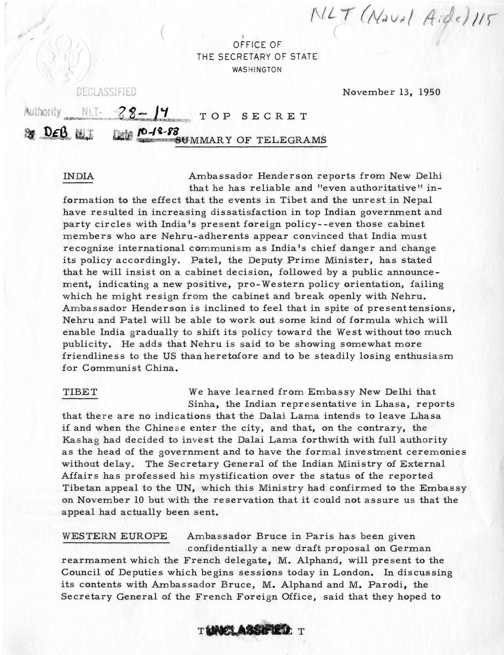 Memorandum, Department of State Summary of Telegrams