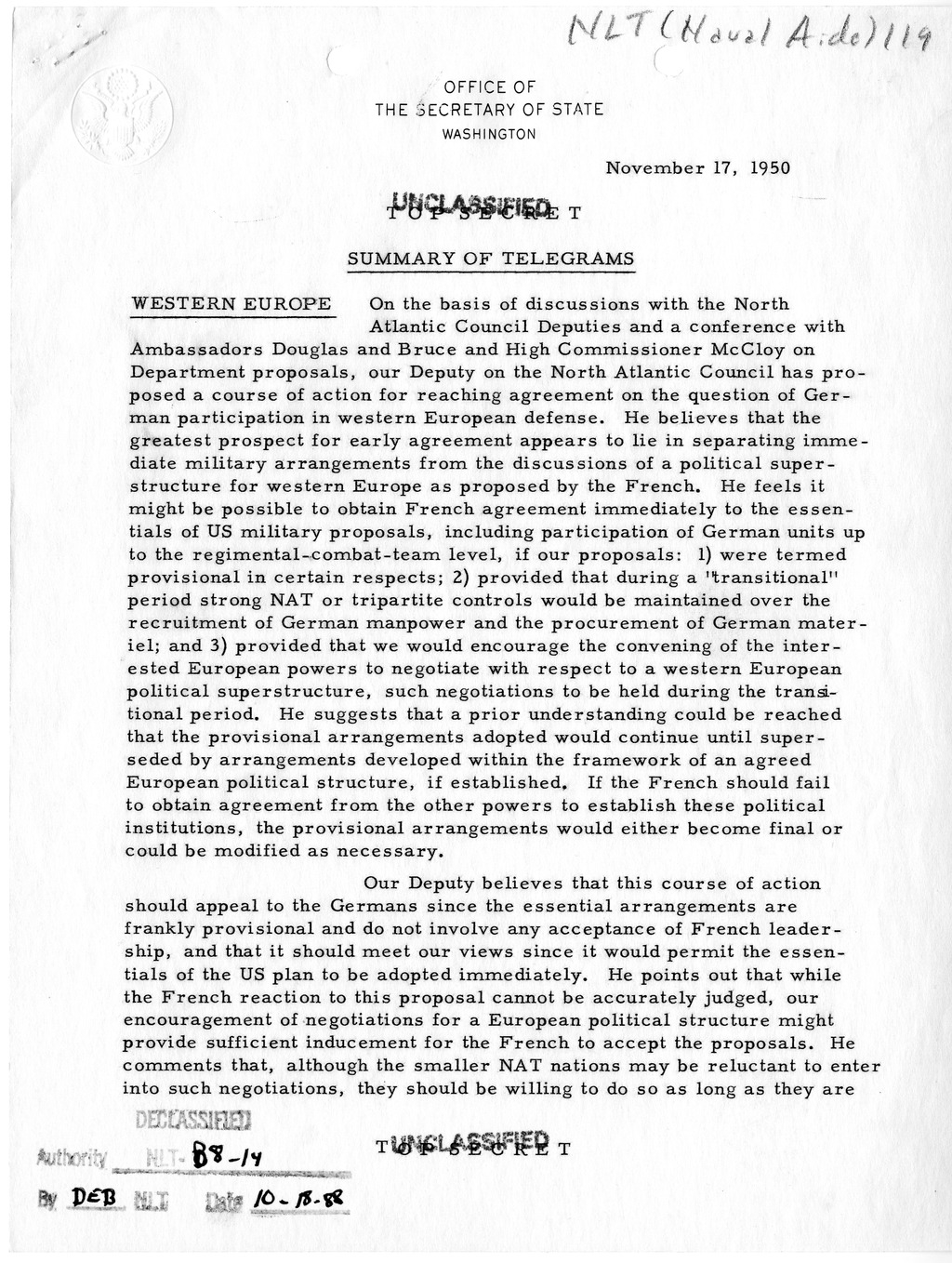 Memorandum, State Department Summary of Telegrams