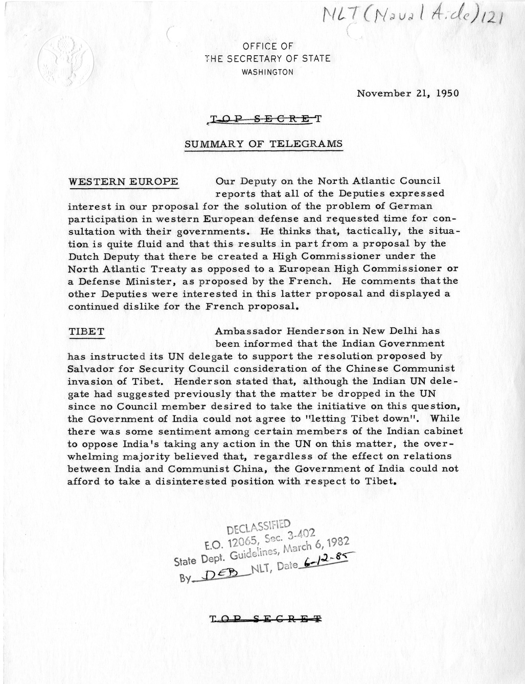 Memorandum, State Department Summary of Telegrams