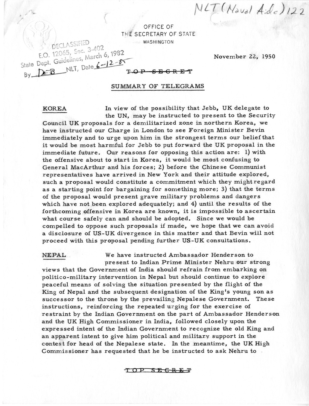 Memorandum, Department of State Summary of Telegrams