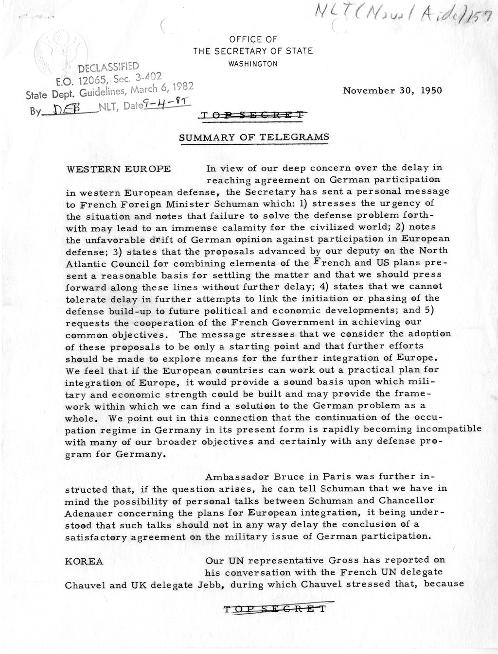 Memorandum, Department of State Summary of Telegrams