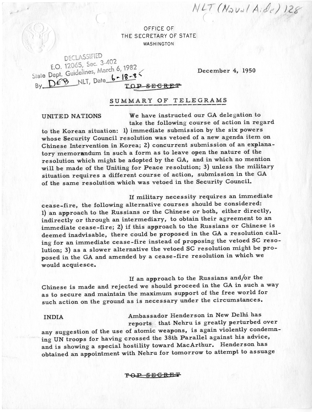 Memorandum, Department of State Summary of Telegrams