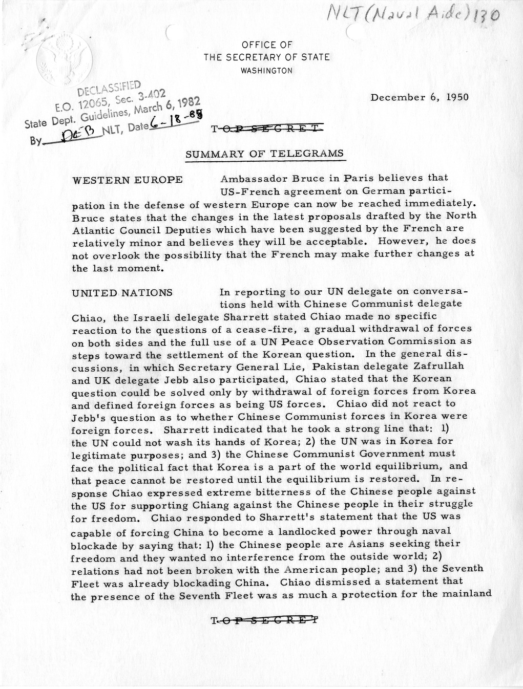 Memorandum, State Department Summary of Telegrams