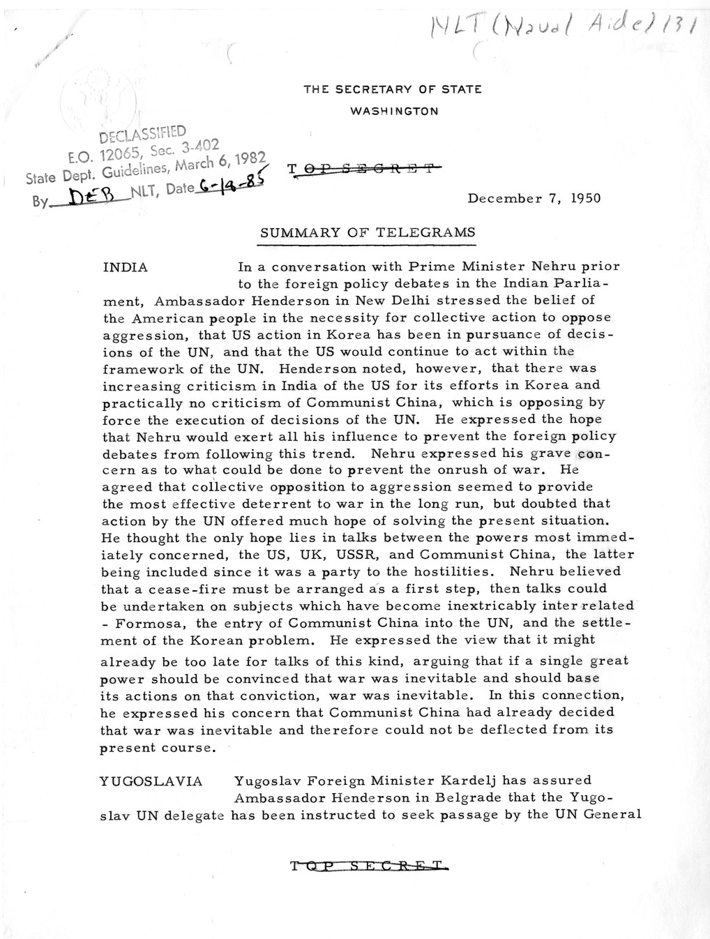 Memorandum, State Department Summary of Telegrams