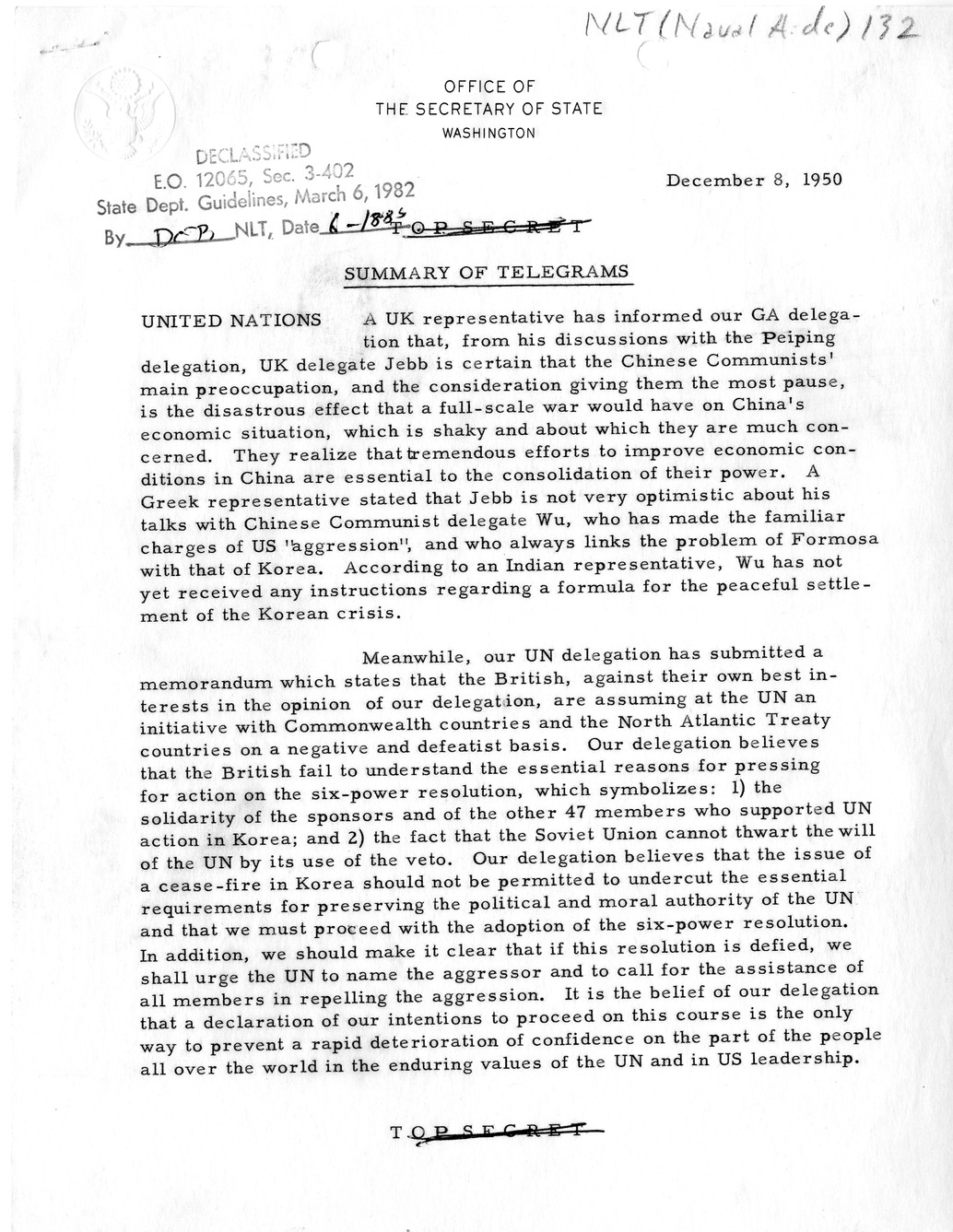 Memorandum, State Department Summary of Telegrams