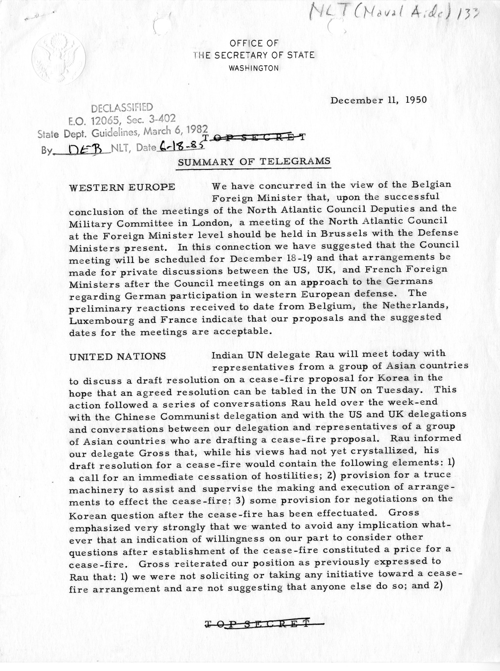 Memorandum, State Department Summary of Telegrams