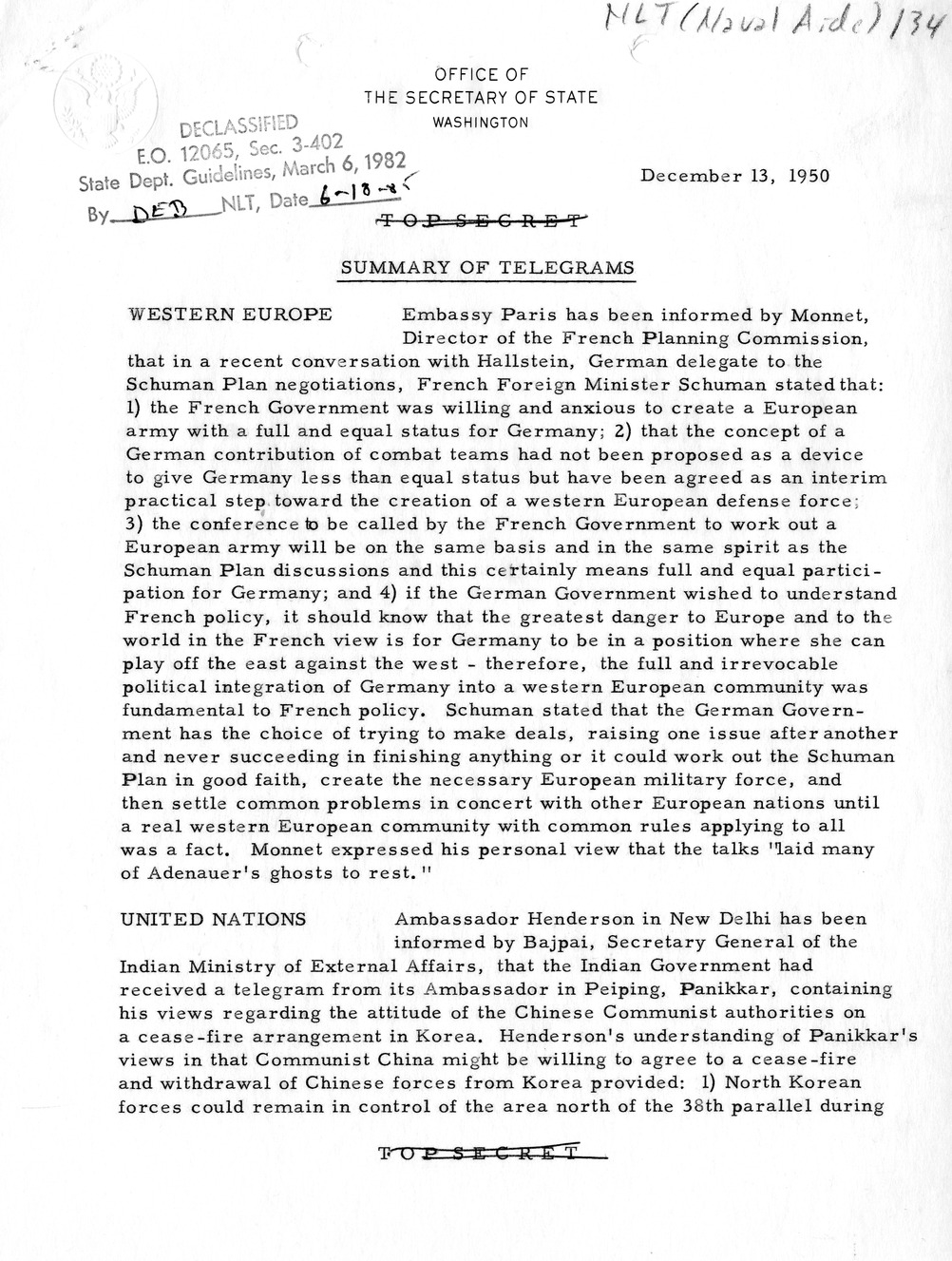 Memorandum, Department of State Summary of Telegrams