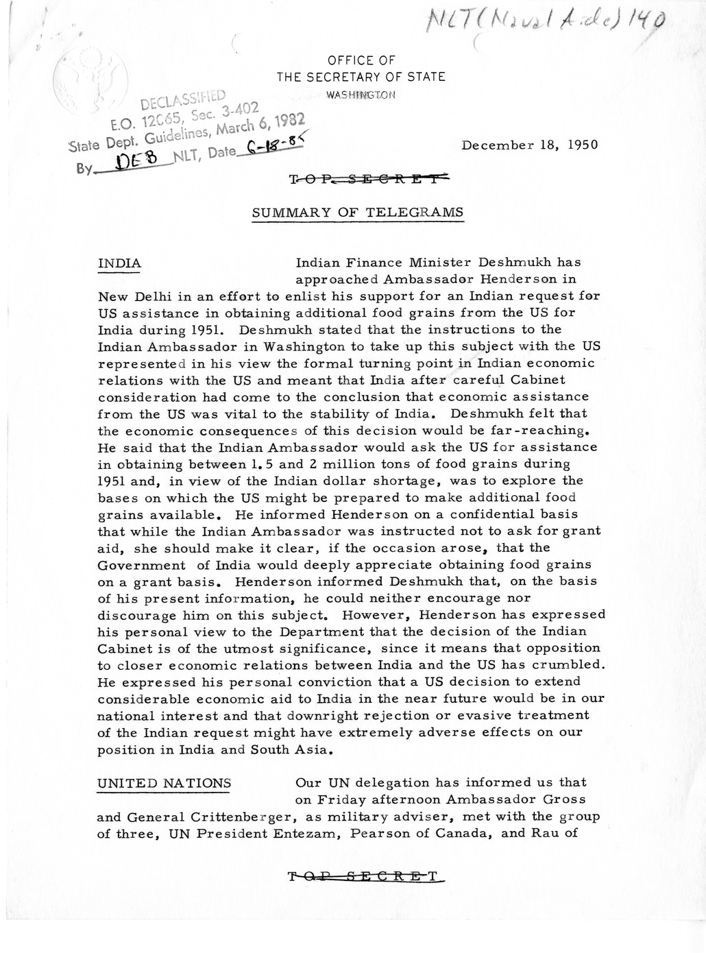 Memorandum, Department of State Summary of Telegrams