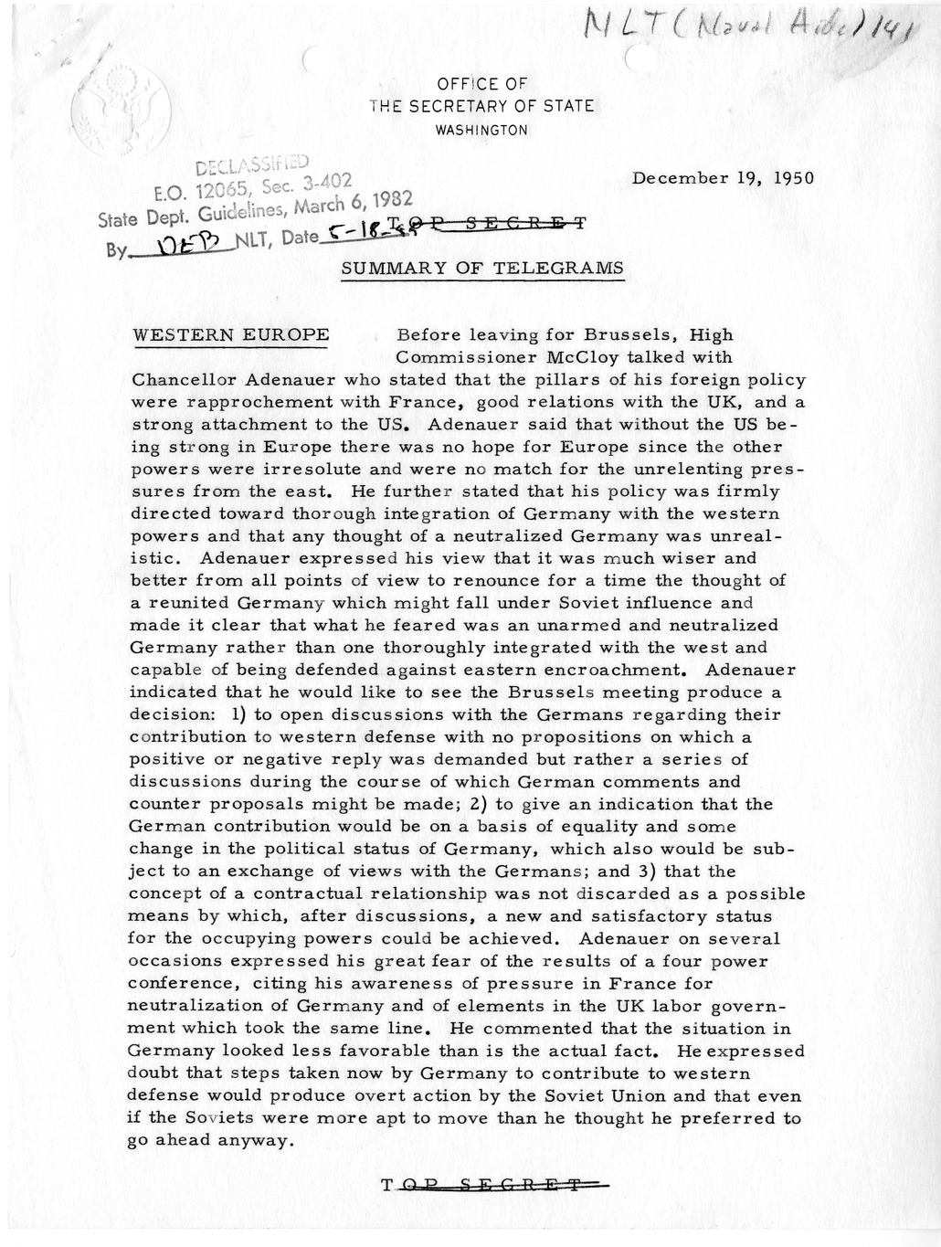 Memorandum, State Department Summary of Telegrams