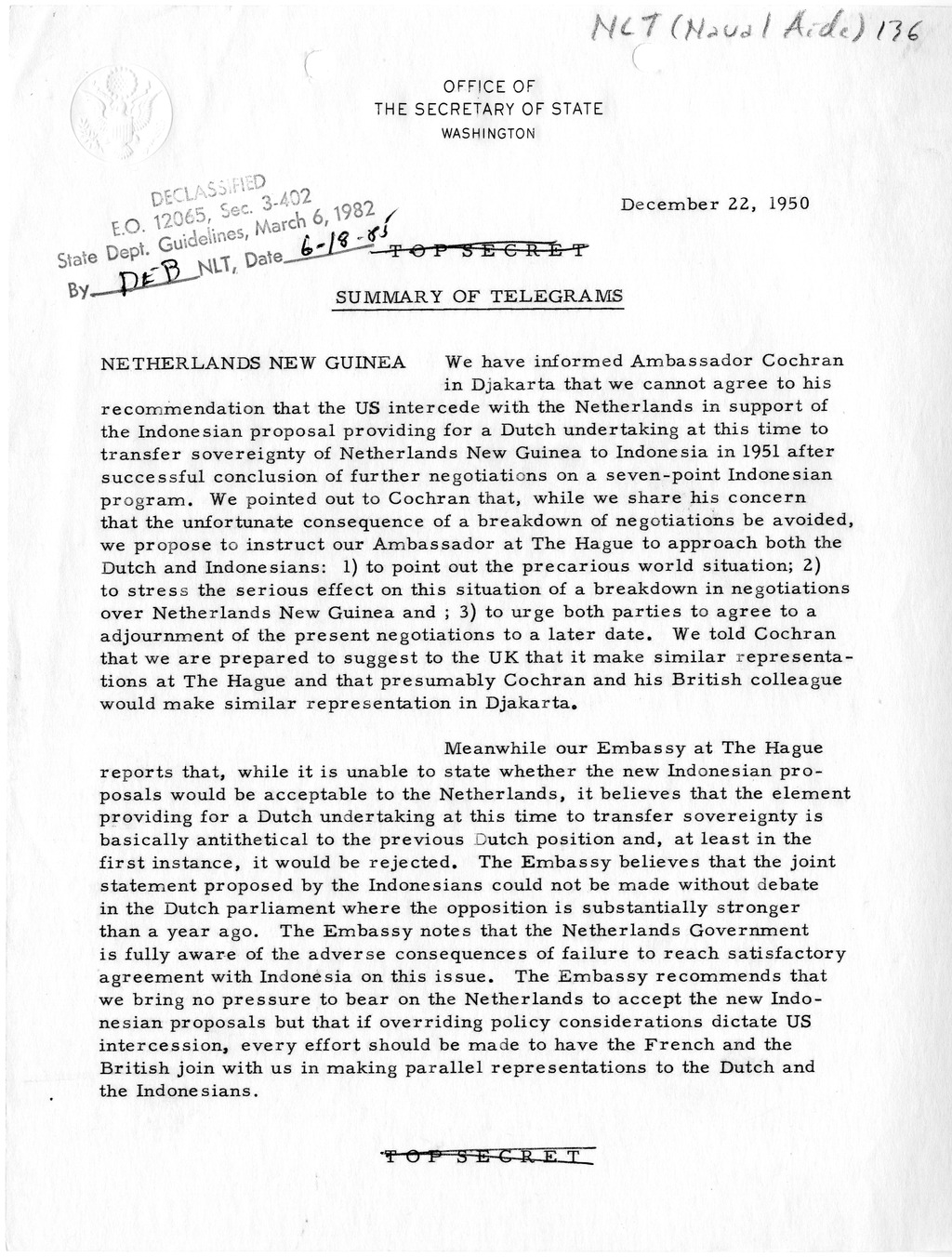 Memorandum, State Department Summary of Telegrams