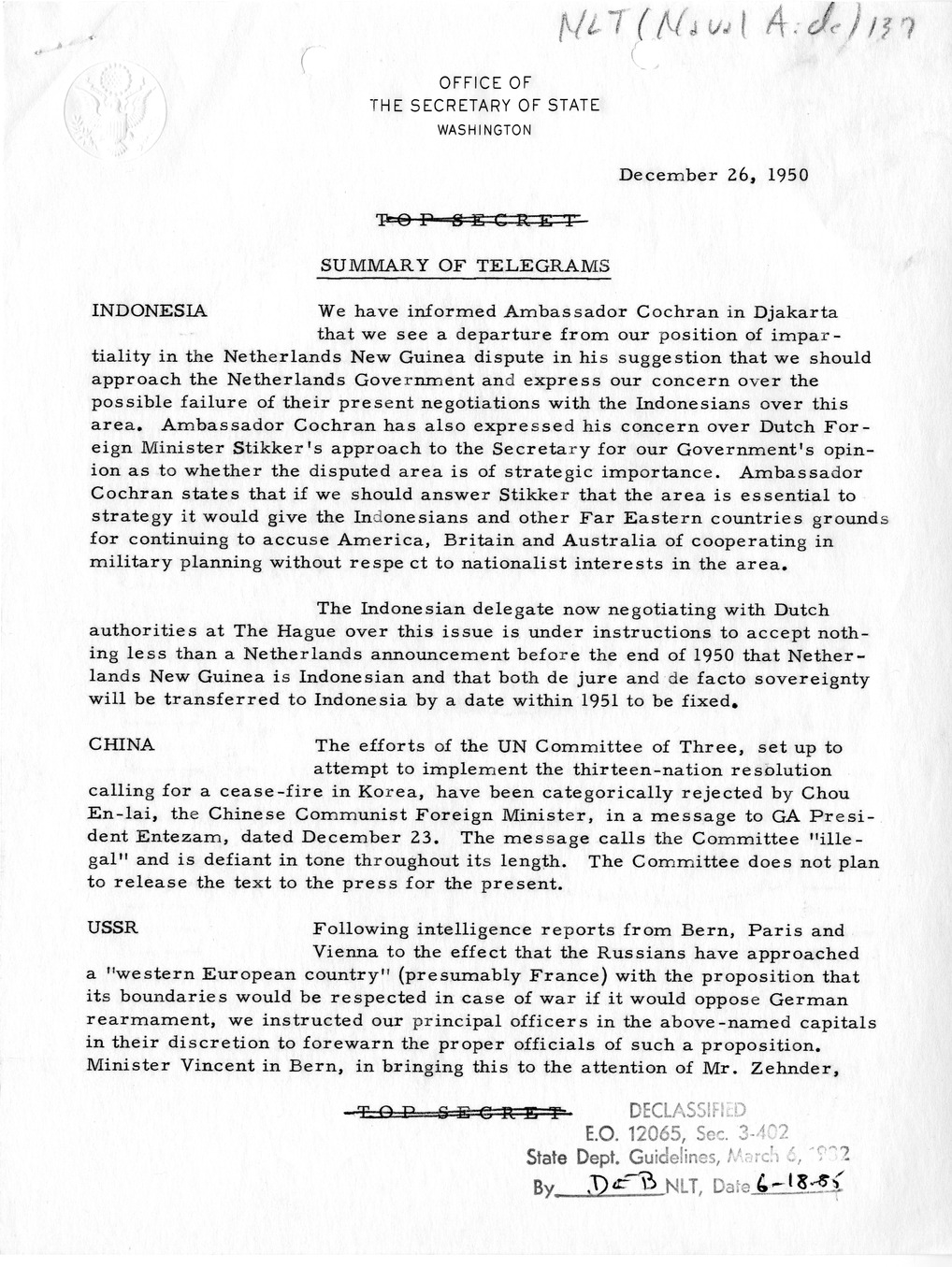 Memorandum, Department of State Summary of Telegrams