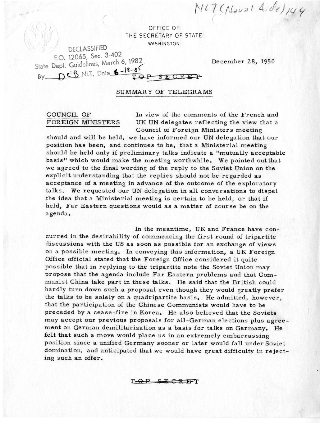 Memorandum, Department of State Summary of Telegrams