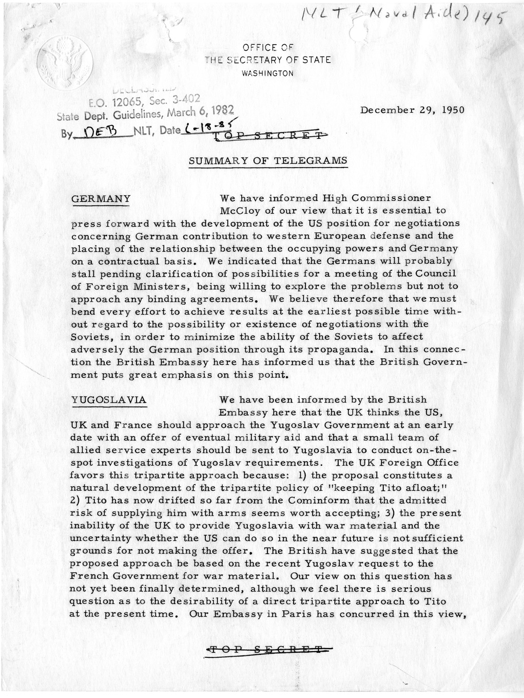 Memorandum, Department of State Summary of Telegrams