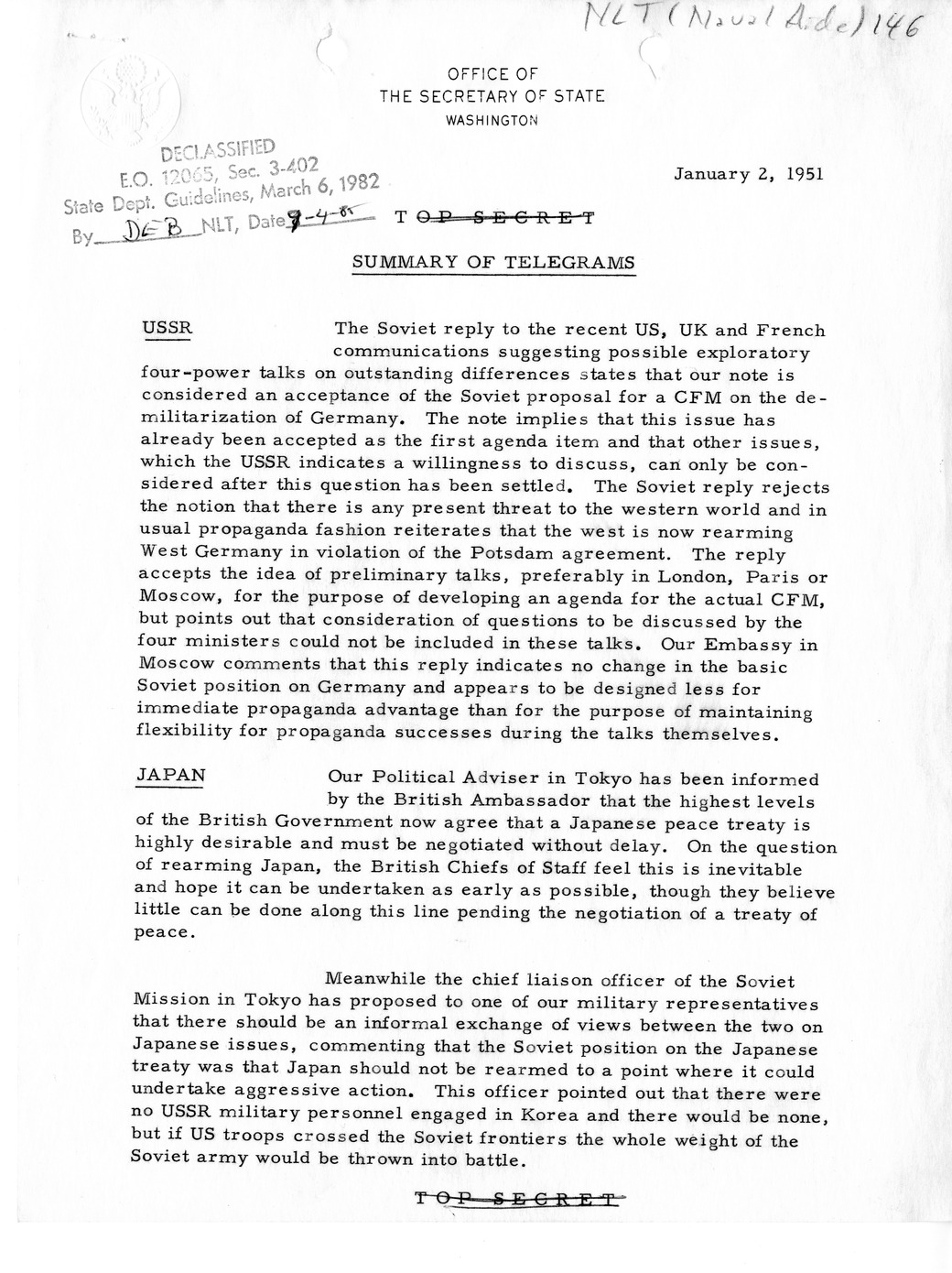 Memorandum, State Department Summary of Telegrams