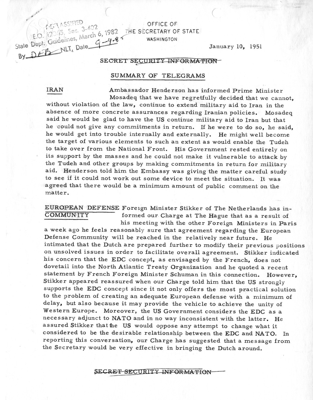 Memorandum, State Department Summary of Telegrams