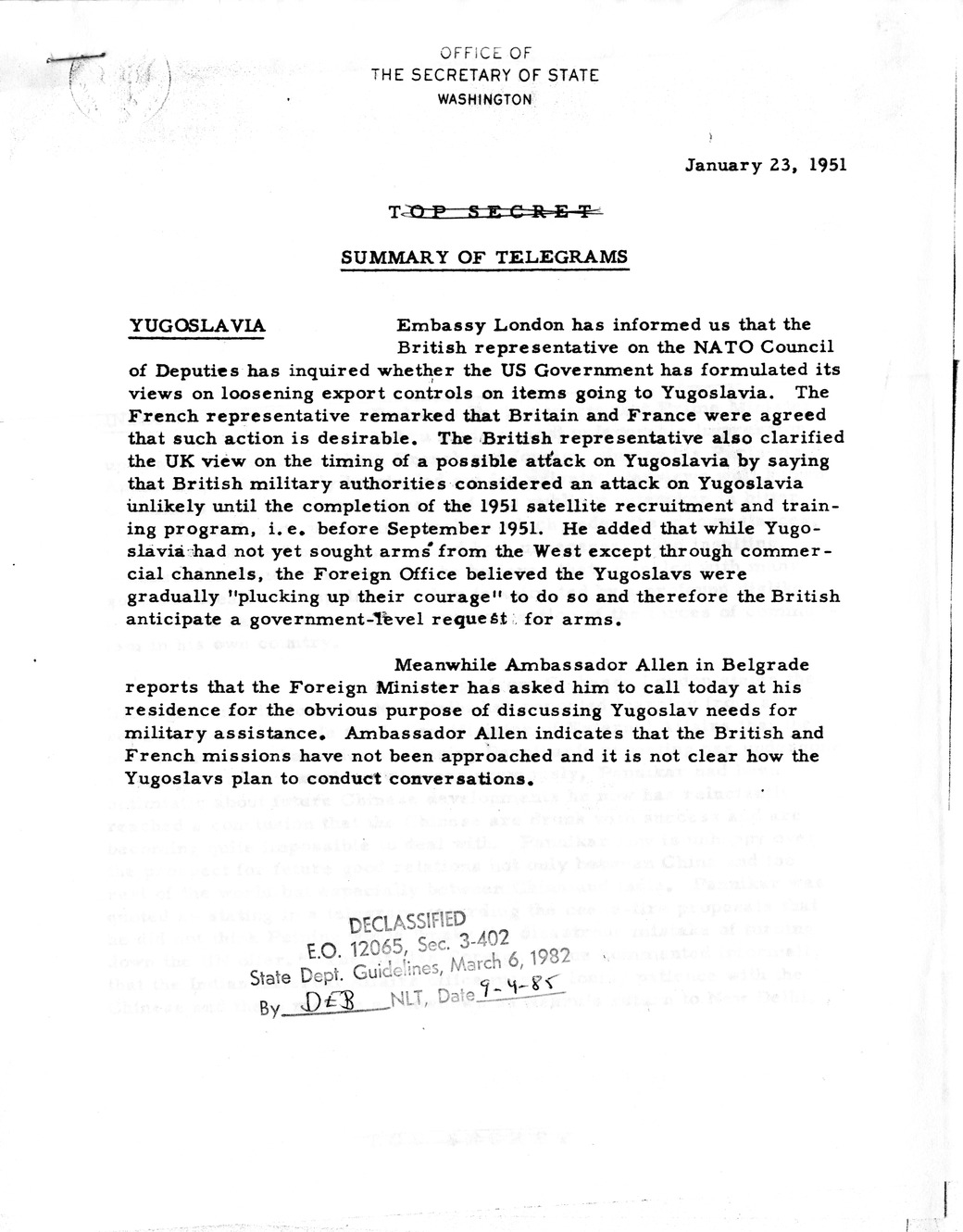 Memorandum, State Department Summary of Telegrams (Redacted)