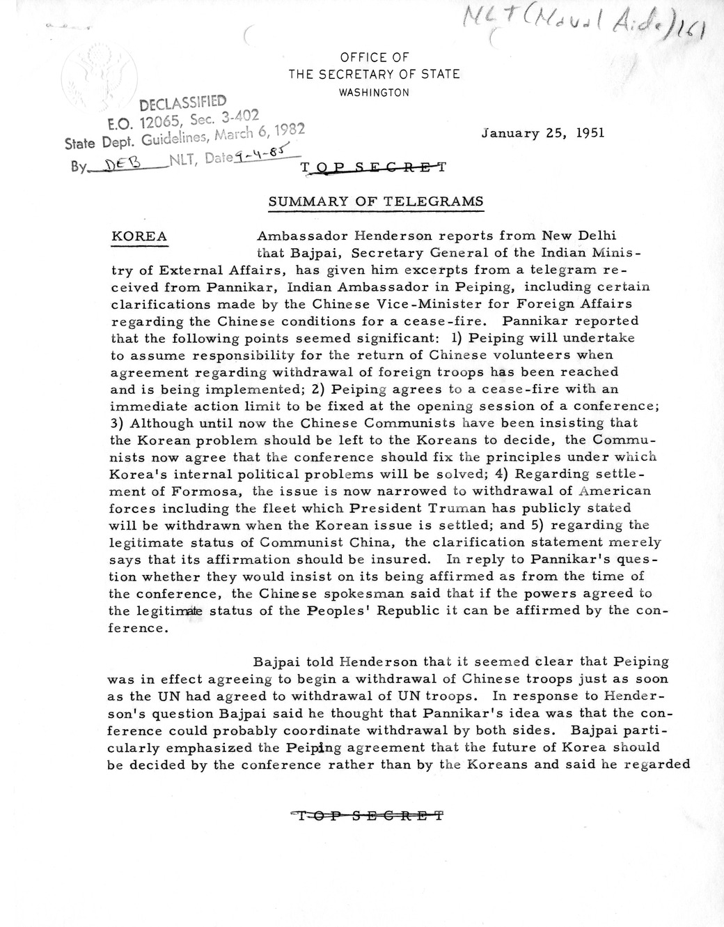 Memorandum, State Department Summary of Telegrams