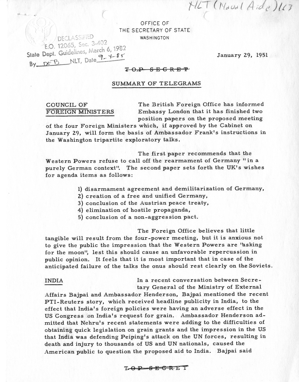 Memorandum, State Department Summary of Telegrams