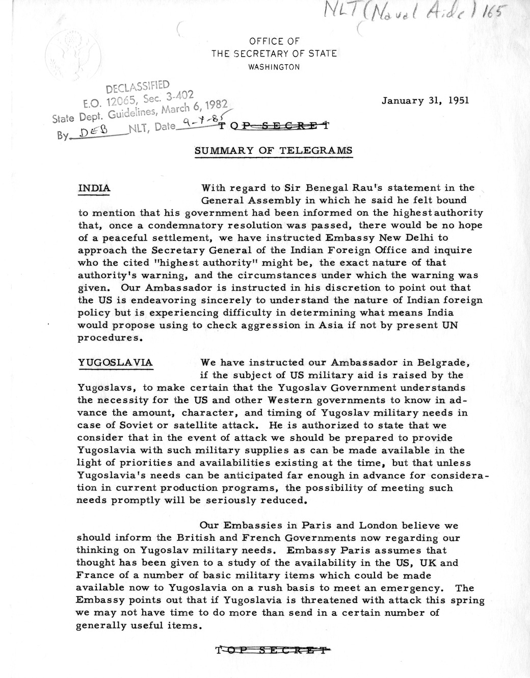 Memorandum, State Department Summary of Telegrams