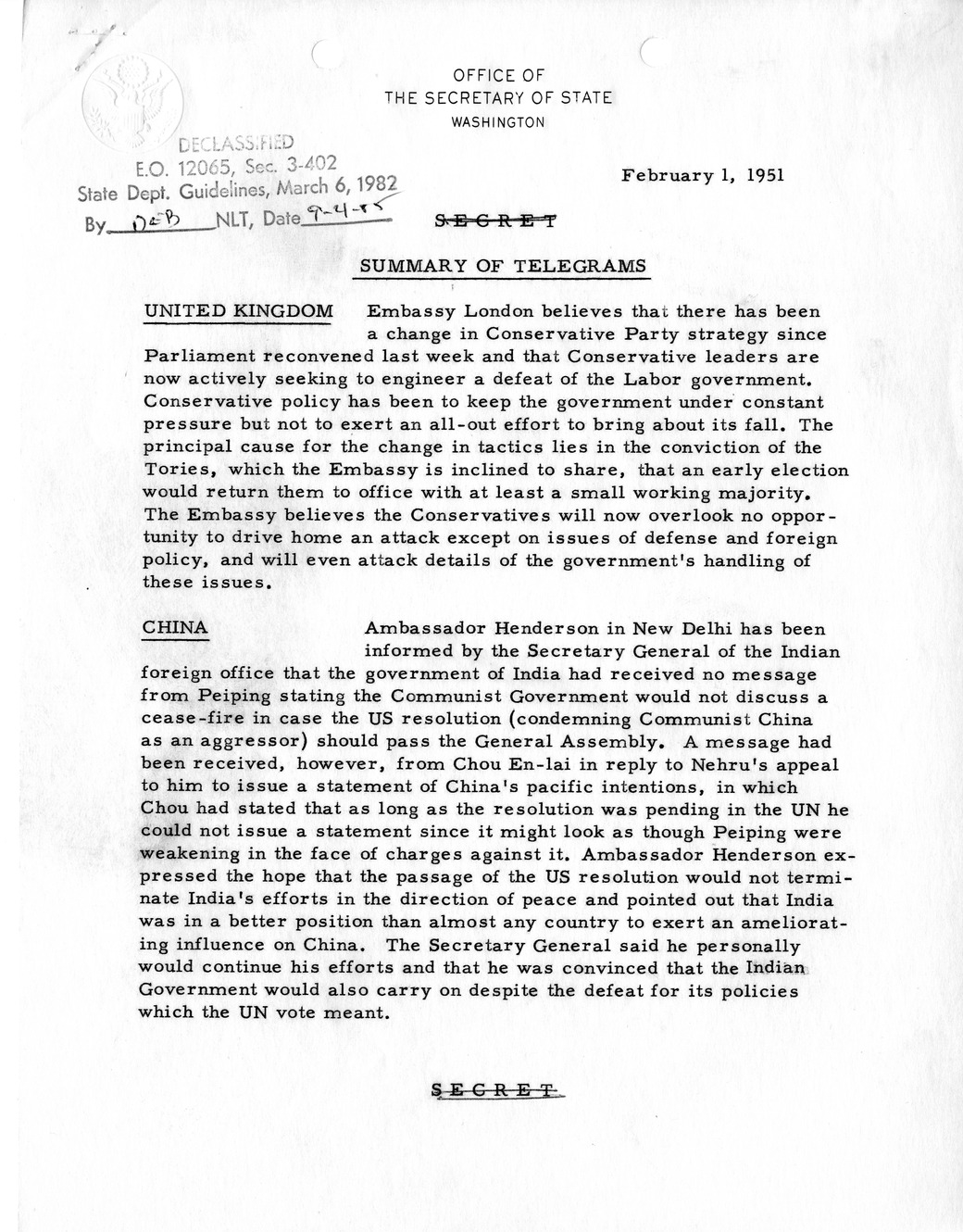 Memorandum, State Department Summary of Telegrams