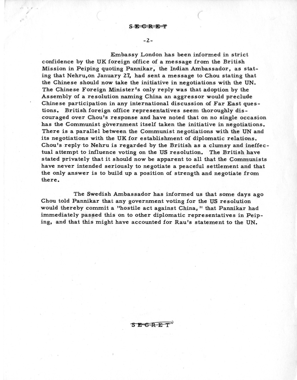 Memorandum, State Department Summary of Telegrams