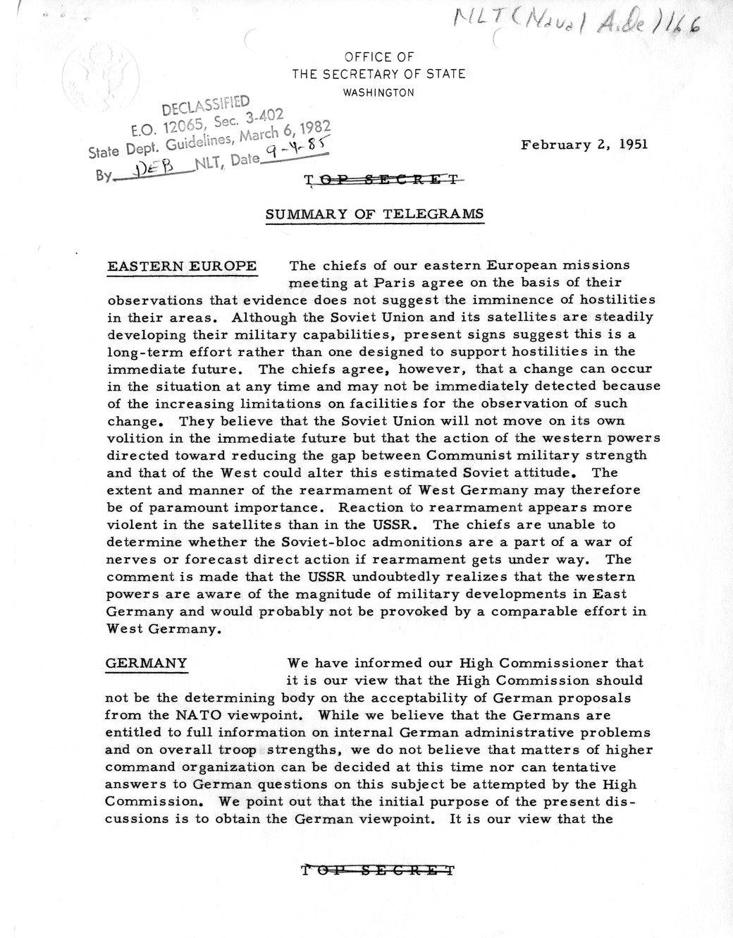 Memorandum, State Department Summary of Telegrams