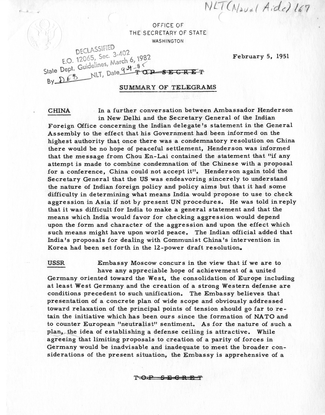 Memorandum, State Department Summary of Telegrams