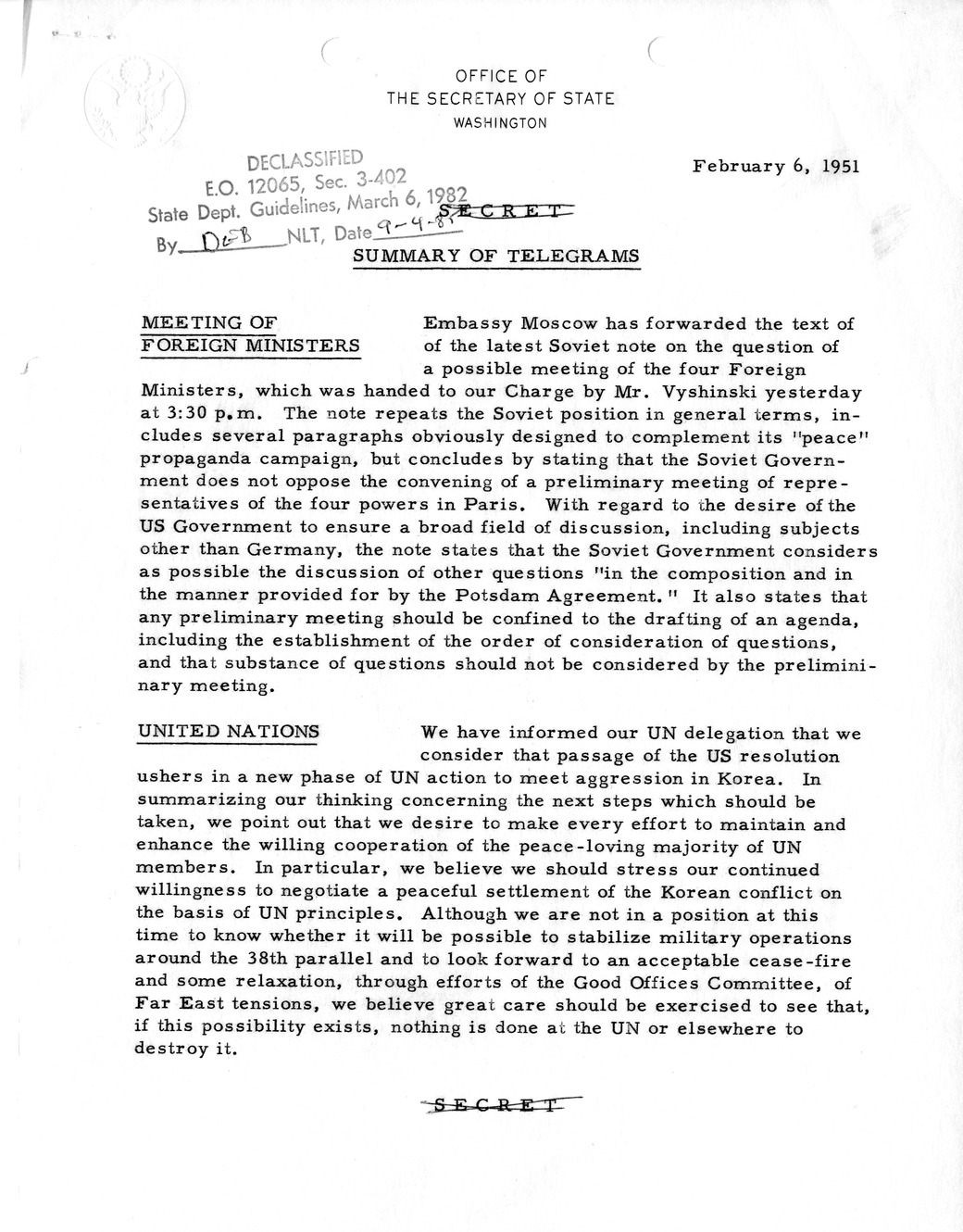 Memorandum, State Department Summary of Telegrams