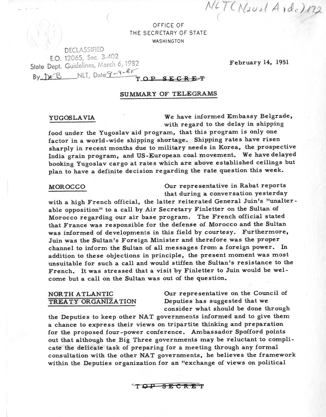 Memorandum, State Department Summary of Telegrams