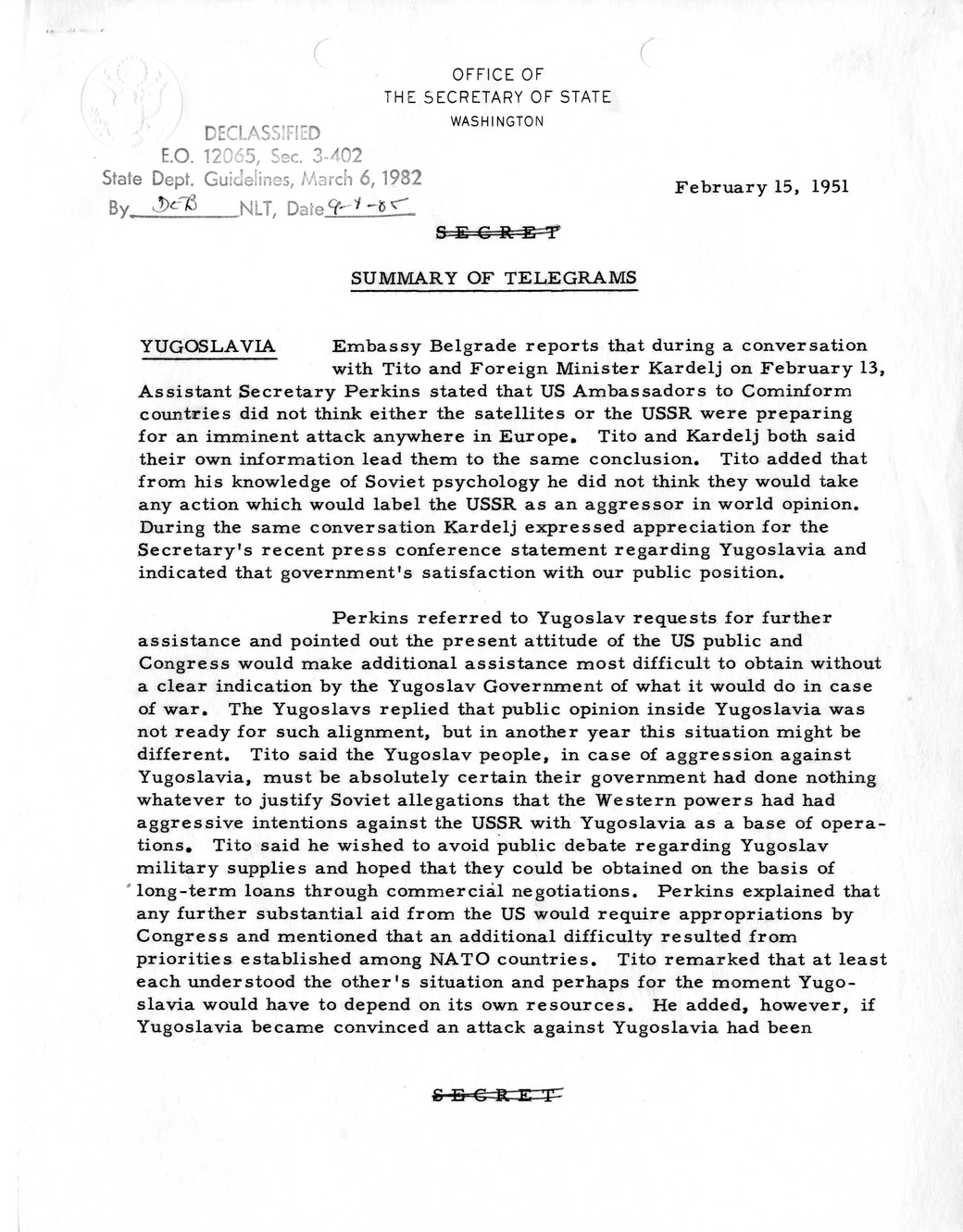 Memorandum, State Department Summary of Telegrams