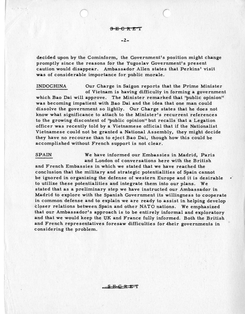 Memorandum, State Department Summary of Telegrams