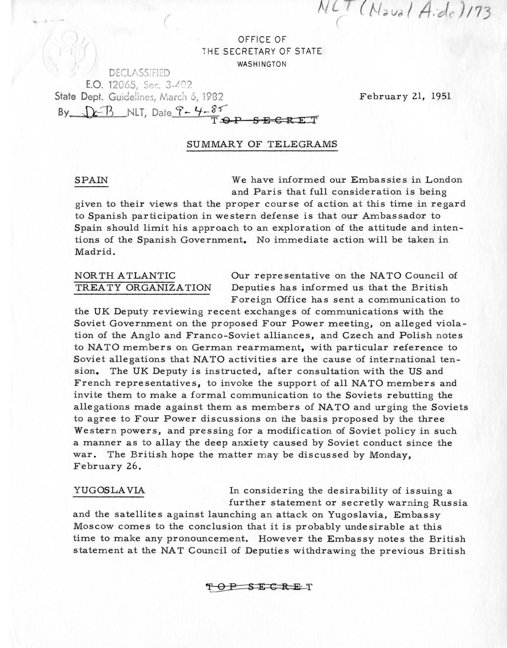 State Department - Summary of Telegrams