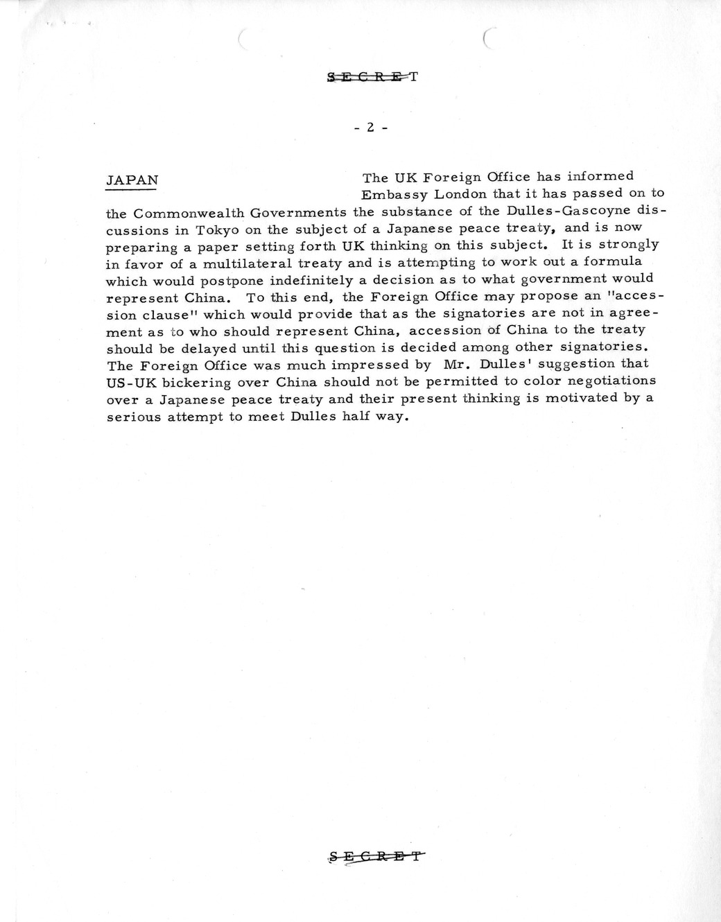 Memorandum, State Department Summary of Telegrams