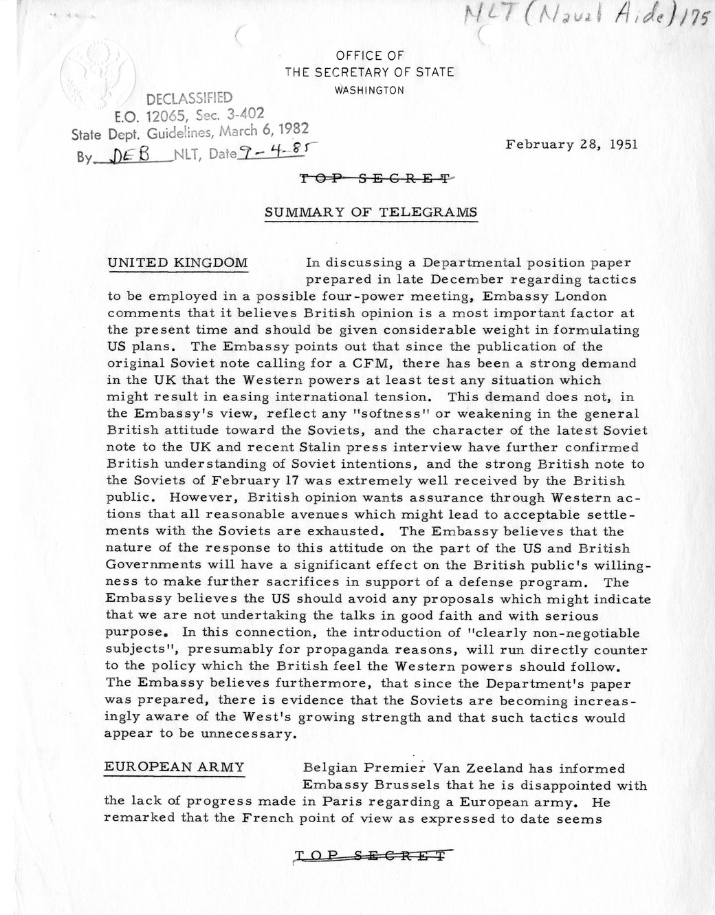 Memorandum, State Department Summary of Telegrams