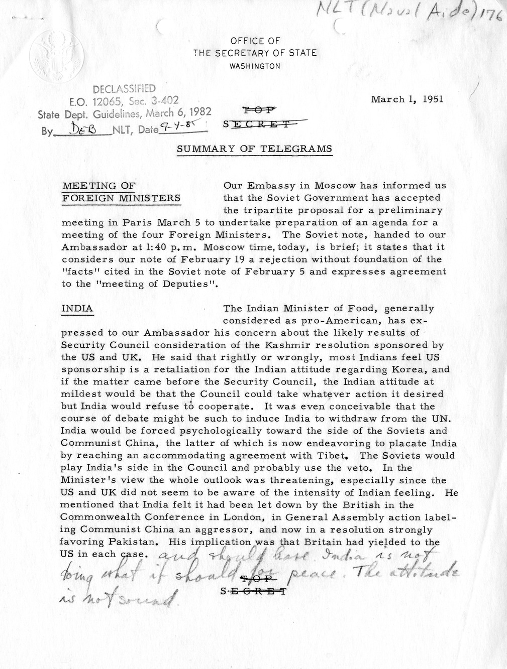 Memorandum, State Department Summary of Telegrams