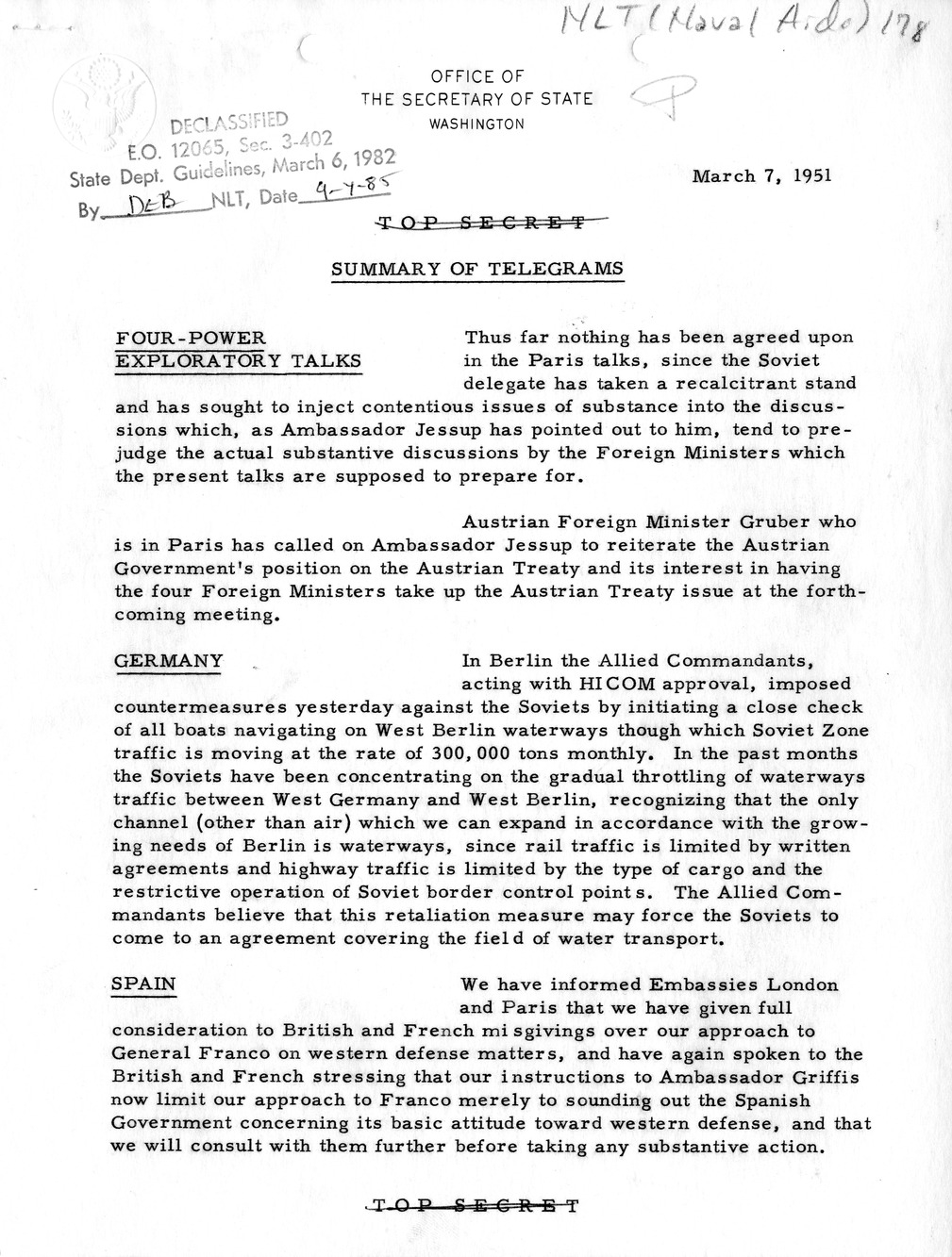 Memorandum, State Department Summary of Telegrams