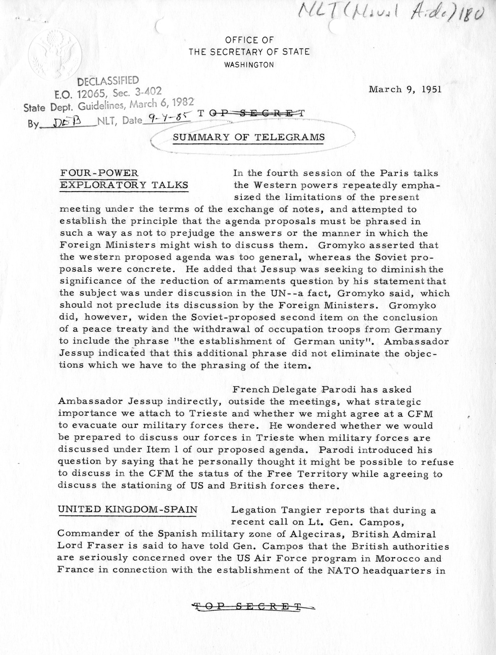 Memorandum, State Department Summary of Telegrams