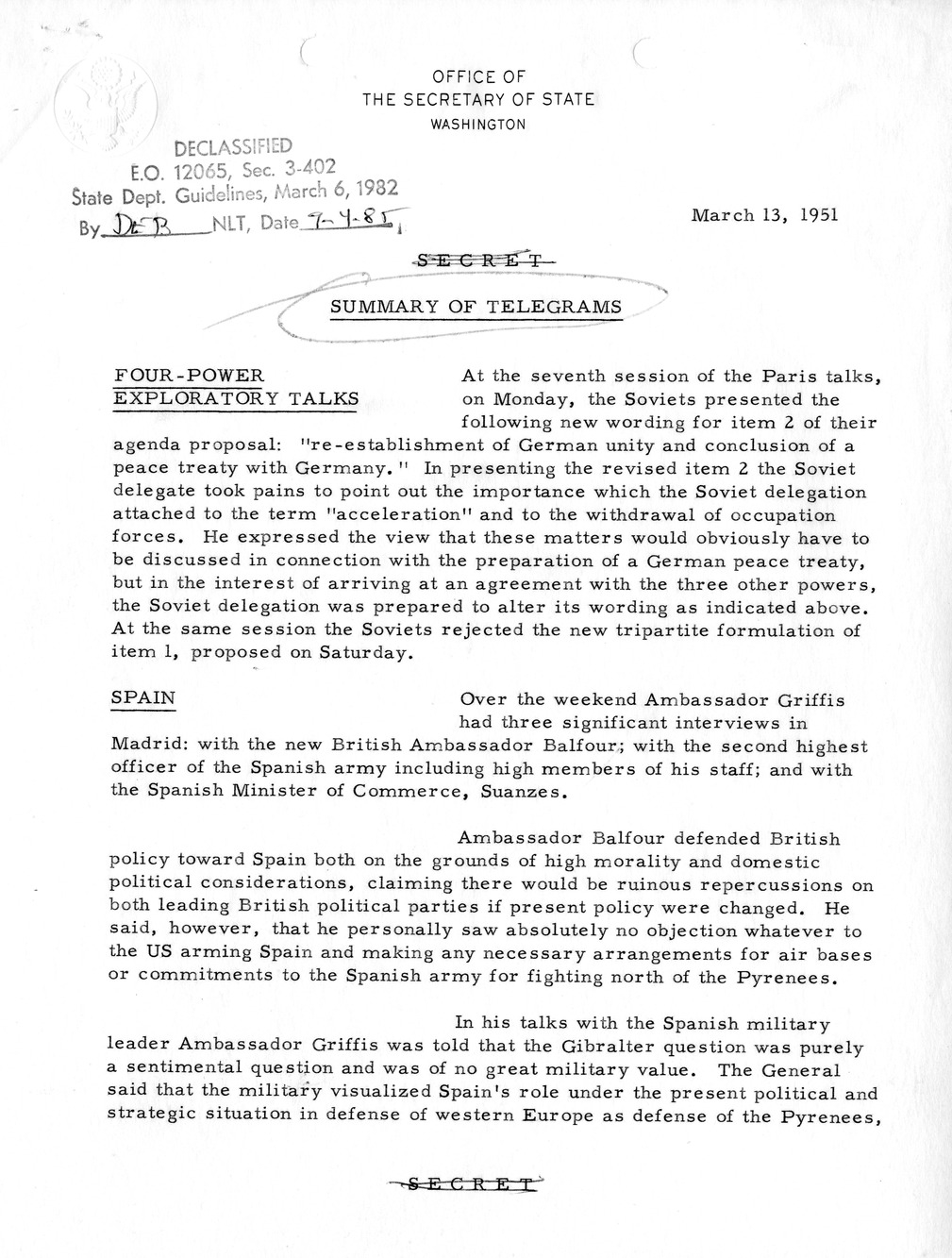 Memorandum, State Department Summary of Telegrams