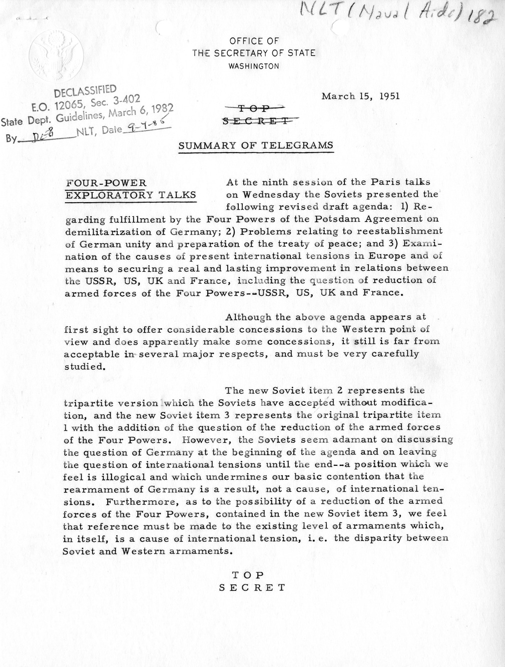 Memorandum, State Department Summary of Telegrams