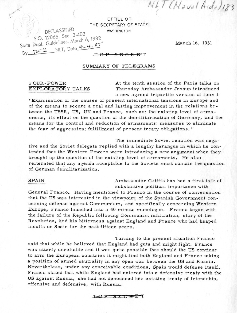 Memorandum, State Department Summary of Telegrams