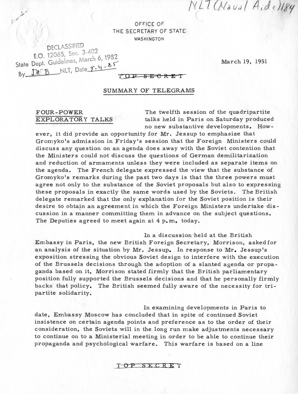 Memorandum, State Department Summary of Telegrams