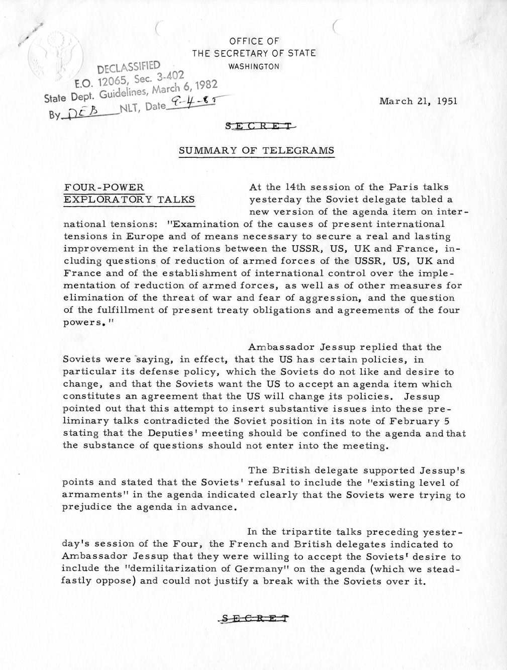 Memorandum, State Department Summary of Telegrams